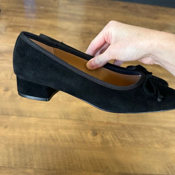 Talbots Womens Black Velvet Ballet Heels Size 7.5 Block Heel Pumps Bow Suede - Picture 6 of 11